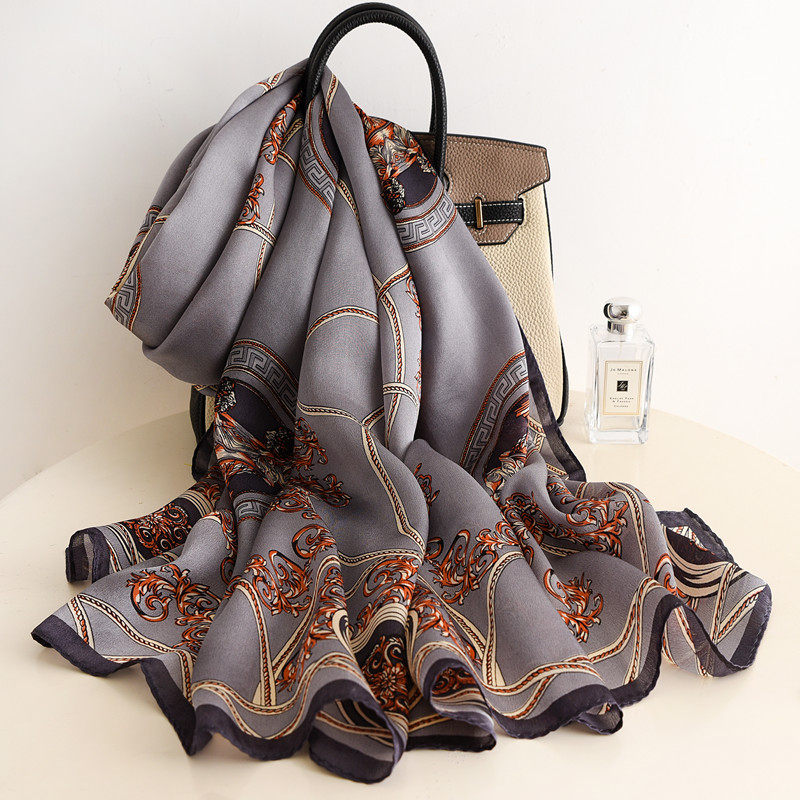 杭州丝绸罗马灰真丝丝巾桑蚕丝围巾春秋巴洛克长款缎面披肩母亲节