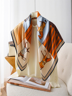 橘色骏马披挂斜纹真丝大方巾90大牌丝巾女春秋夏季披肩桑蚕丝围巾