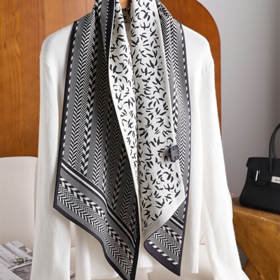 循环独白双面丝毛飘带真丝羊毛围巾黑白燕子双层保暖丝巾长条领巾