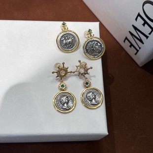希腊回流古币人像浮雕复古罗马钱币旋转925银硬币耳钉中古耳环女