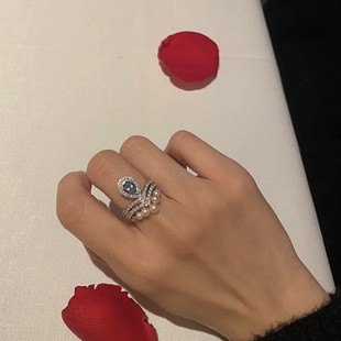 高定婚戒系列 约瑟芬仿海蓝宝珍珠v字纯银戒指女设计概念组合叠戴