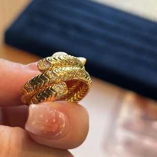中古spiga系列弹力蛇骨镀金镶钻戒指女设计感开口复古情侣指环
