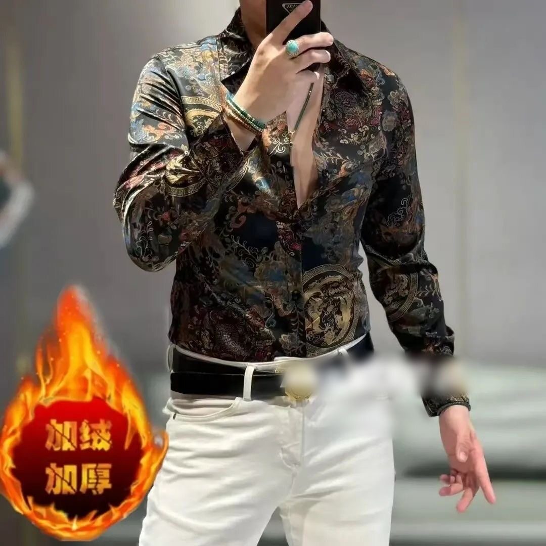 2026秋冬新款加绒复古巴洛克宫廷图案男士印花帅气时尚潮流衬衫