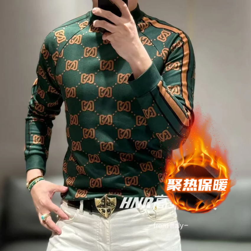 欧洲站高端个性菱形格纹提花图案打底衫男士秋冬时尚百搭加绒T恤