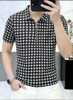 欧货男装潮流休闲夏季翻领POLO衫男士轻奢千鸟格半拉链短袖T恤潮