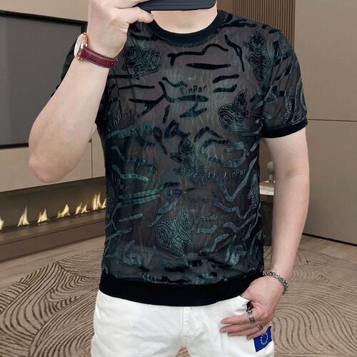 新款夏季男士圆领冰丝提花短袖T恤轻奢烧花修身潮流百搭半袖上衣