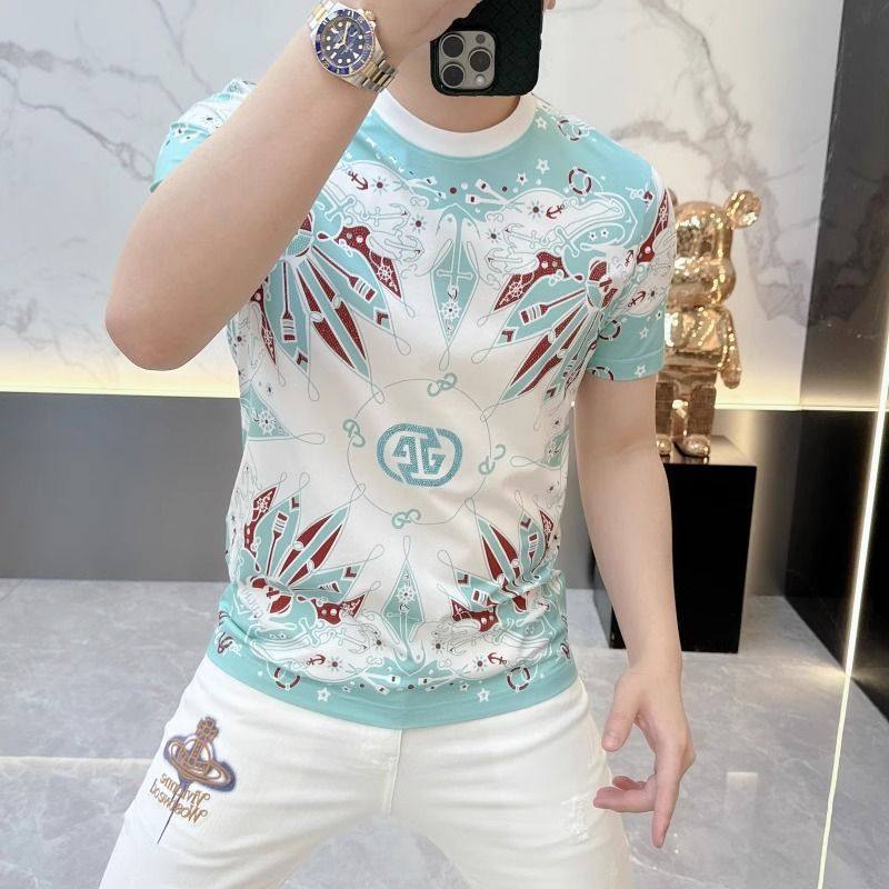 2025男士夏季新款潮流个性印花T恤时尚修身百搭短袖套头打底上衣