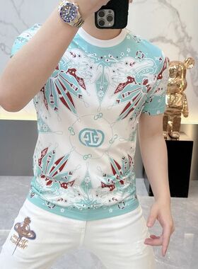 2026男士夏季新款潮流个性印花T恤时尚修身百搭短袖套头打底上衣