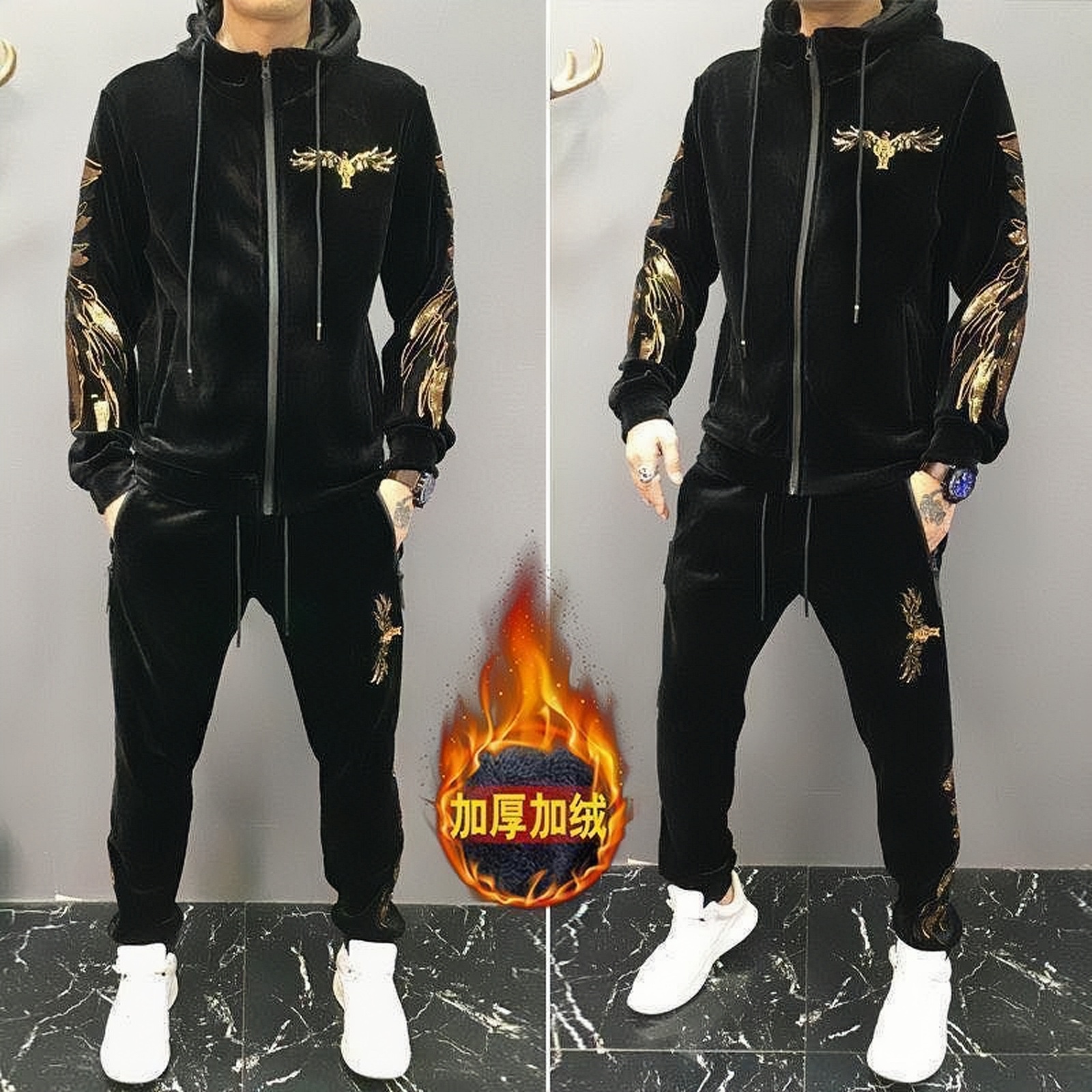 欧洲站加绒加厚金丝绒休闲运动套装男潮时尚修身秋冬季两件套男装