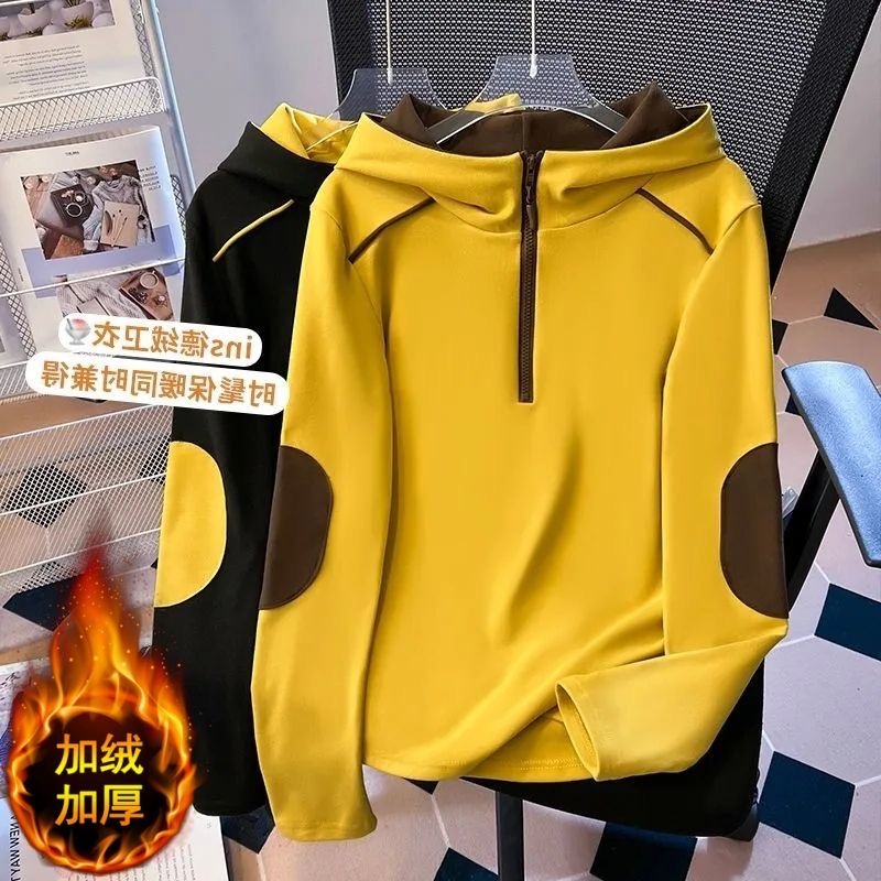 2025秋冬款撞色半拉链连帽加绒加厚德绒卫衣男女时尚ins保暖上衣