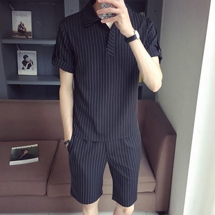 短袖短裤男夏季条纹套装休闲薄款韩版百搭polo衫修身帅气一整套男