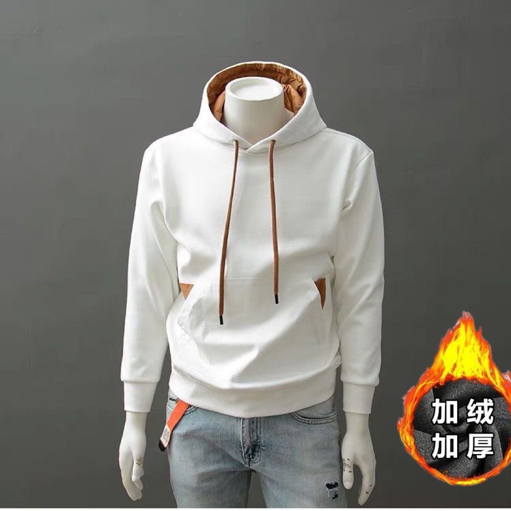 2025秋冬季加绒加厚男简约卫衣套头连帽衫修身显瘦纯色上衣外套潮
