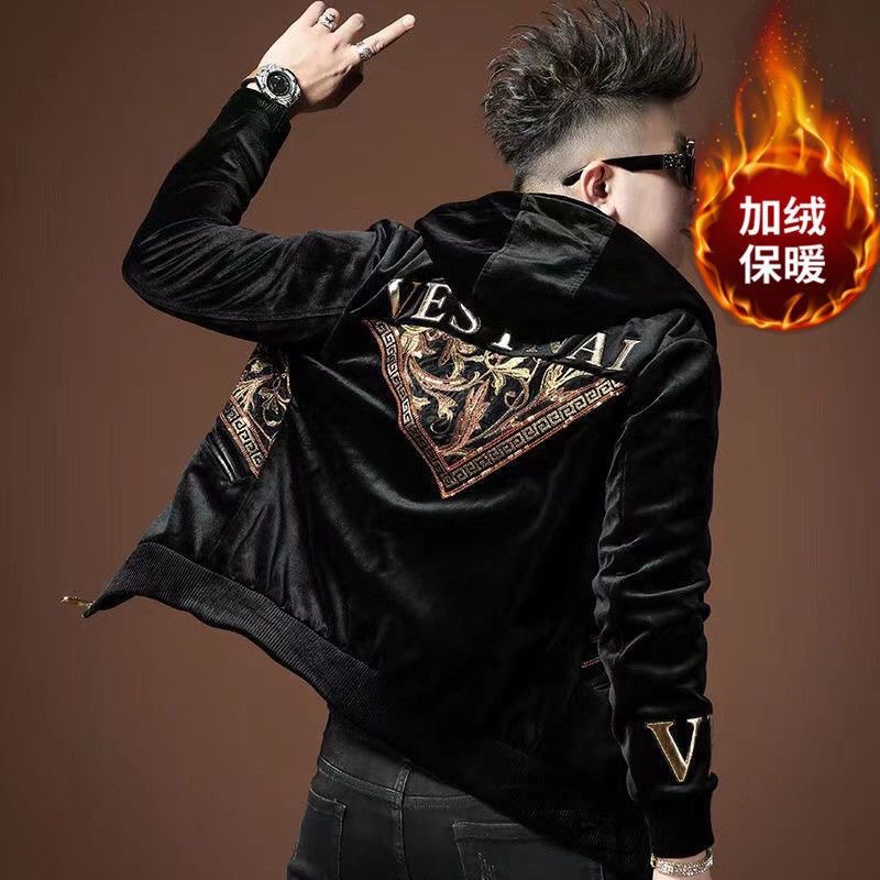 欧货2025冬季加绒男士高端金丝绒连帽夹克潮牌刺绣珠片休闲外套男