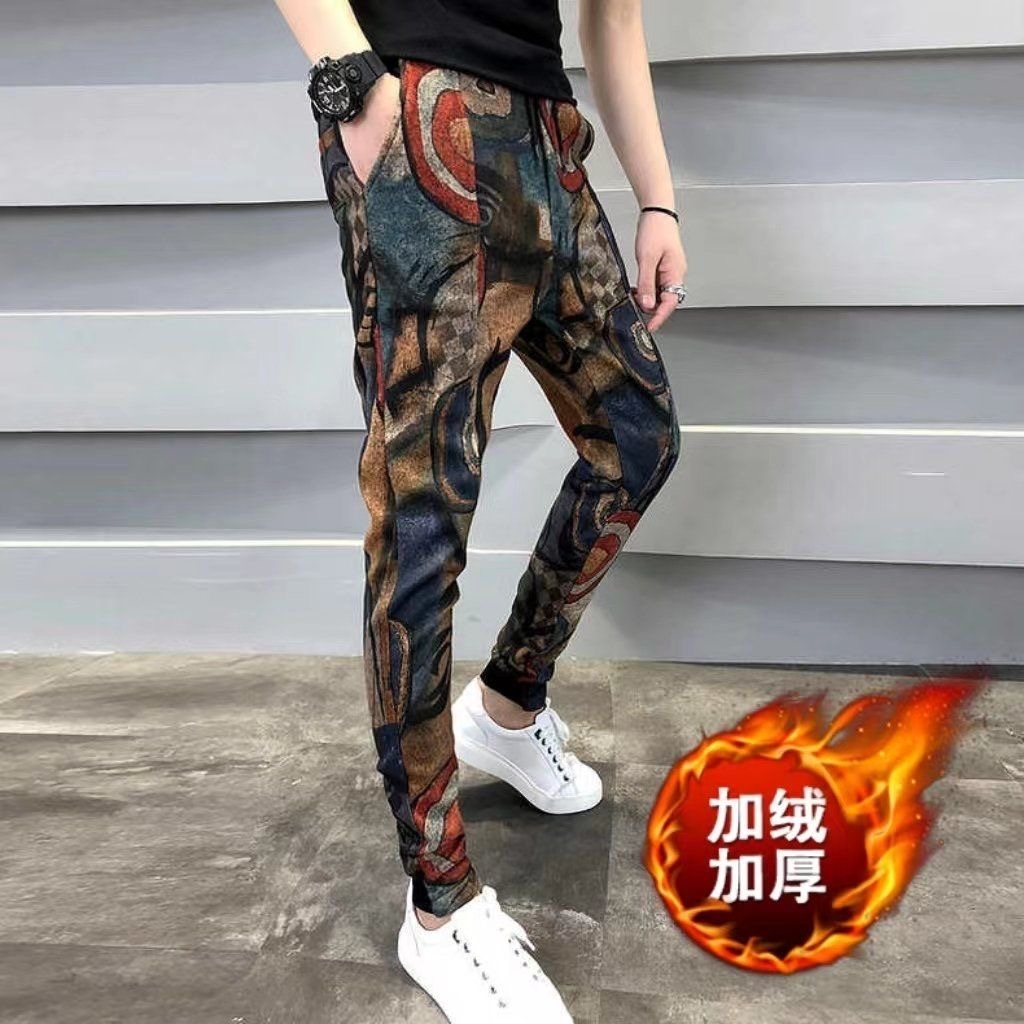欧洲站秋冬新款潮流个性印花休闲裤男士时尚修身加绒保暖小脚长裤