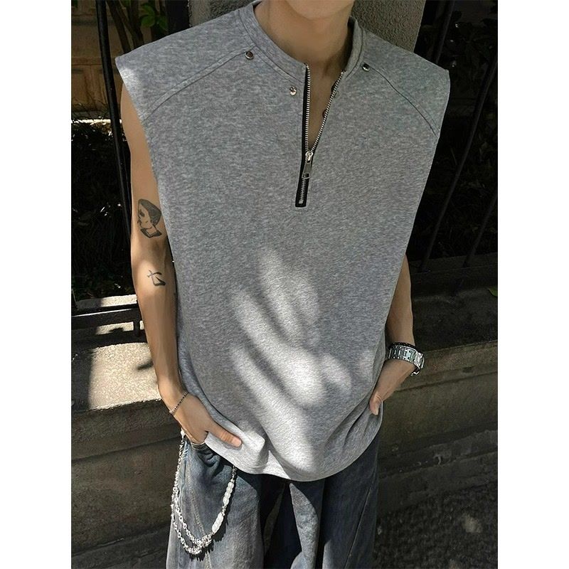 2025夏季新款美式半拉链正肩黑色背心男士铆钉设计感无袖坎肩t恤