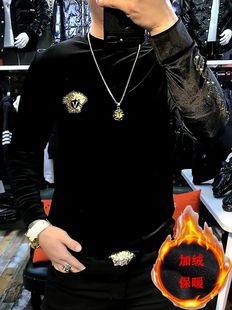 2025新款秋冬时尚百搭修身舒适加绒保暖打底衫男士欧货金丝绒卫衣