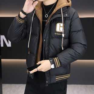 冬季时尚精品羽绒棉服假两件尼龙帽设计层次感字母印花棉衣外套潮