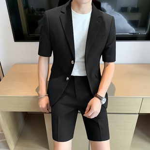 欧洲站男士短袖短裤两件套夏季薄款休闲外套高级感炸街西装套装潮