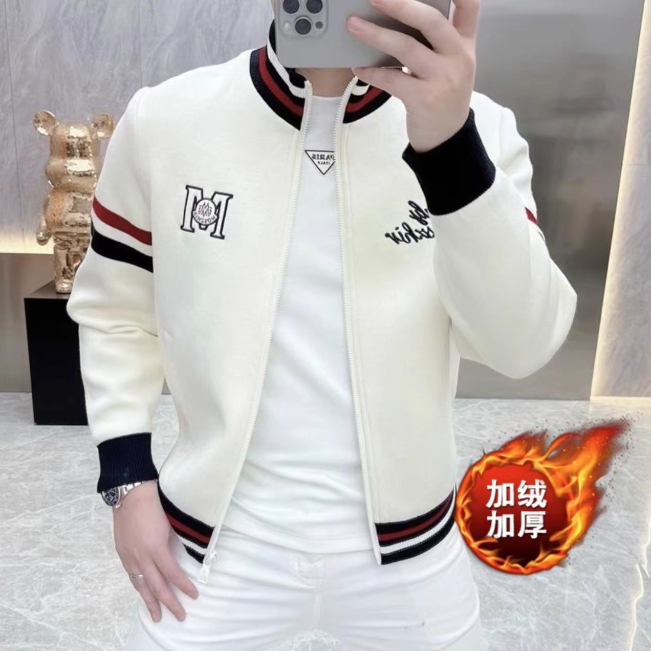 秋冬季加绒欧货潮男徽章刺绣百搭外套轻奢潮流帅气立领夹克高级感