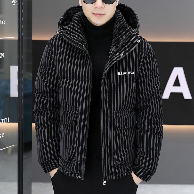 新款连帽条纹短款加厚棉衣男士冬季休闲棉袄时尚潮流青年棉服外套