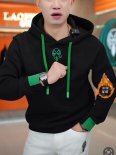 男士长袖时尚潮流韩版拼色连帽卫衣百搭休闲加绒保暖轻奢上衣外套