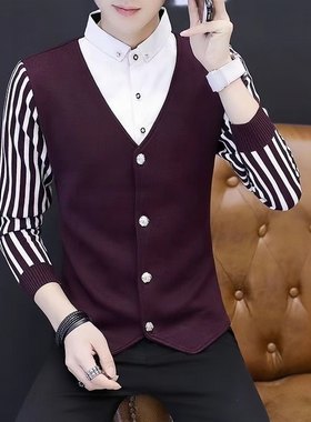 2026新款男士春秋季假两件衬衫男士修身青年毛衬衣百搭打底衫长袖
