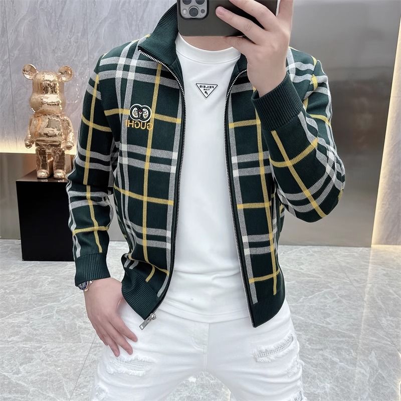 冬季欧货潮流刺绣百搭休闲夹克轻奢高端男士帅气舒适格子外套上衣