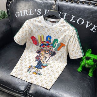 潮流网红半袖 夏季 T恤潮牌欧货满印字母修身 卡通印花短袖 上衣 男士