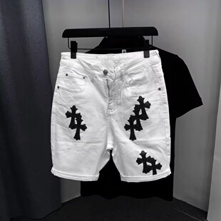 ins个性时尚十字架拼皮拼接牛仔短裤男生夏季新款小直筒弹力5分裤