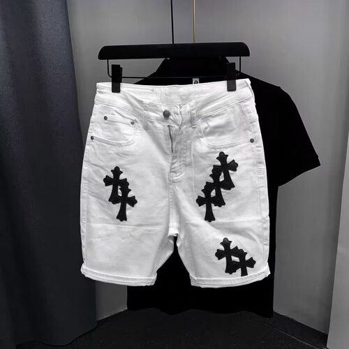 ins个性时尚十字架拼皮拼接牛仔短裤男生夏季新款小直筒弹力5分裤