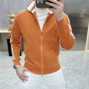 2026秋冬款简约潮流条纹针织衫修身帅气立领开衫毛衣男情侣款外套