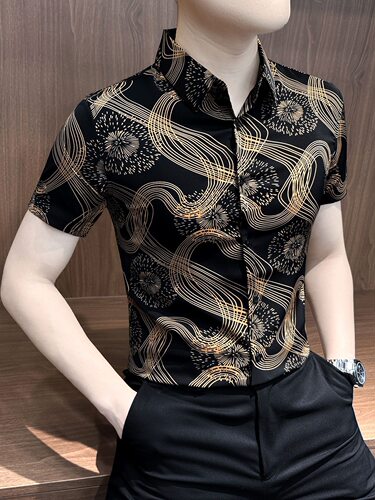 轻奢修身新款夏装时尚男士帅气韩版冰丝印花衬衫休闲潮流痞帅短袖
