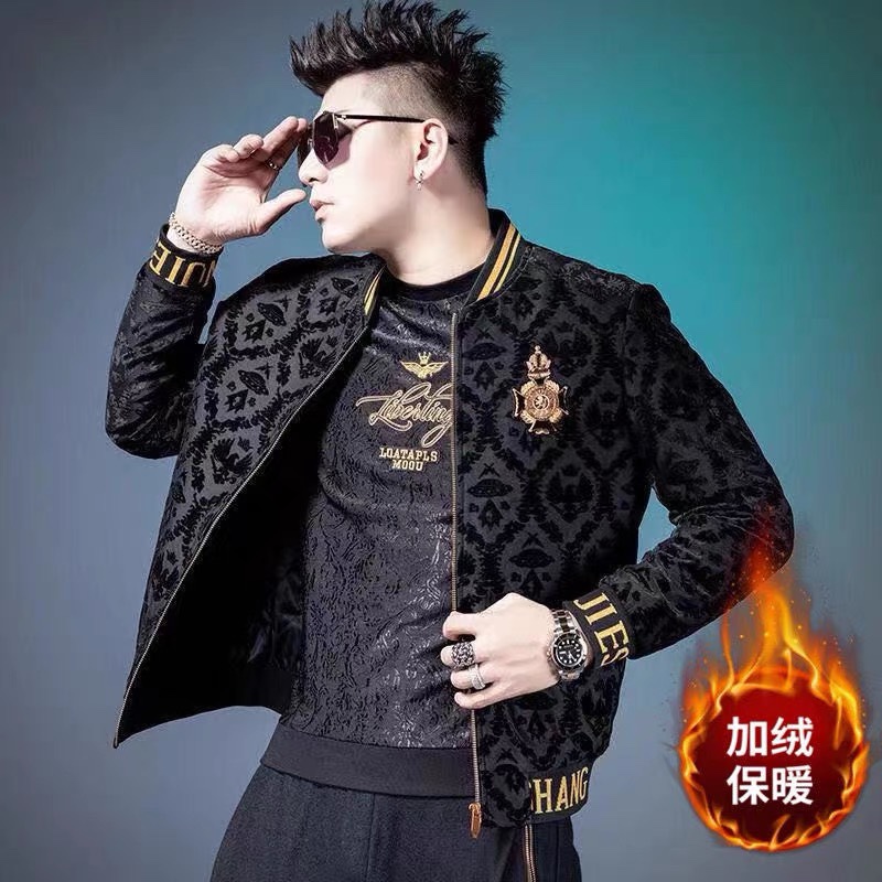 秋冬新款欧洲站潮牌男士夹克加绒加厚勋章刺绣棒球服提花外套潮流