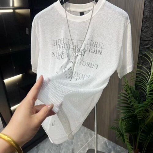 夏季轻薄透气百搭短袖T恤男士时尚韩版肌理感字母印花宽松圆领