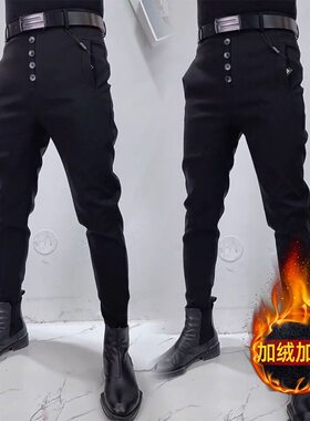 冬季时尚排扣修身小脚裤时尚男气质穿搭束口显瘦靴裤精神小伙西裤