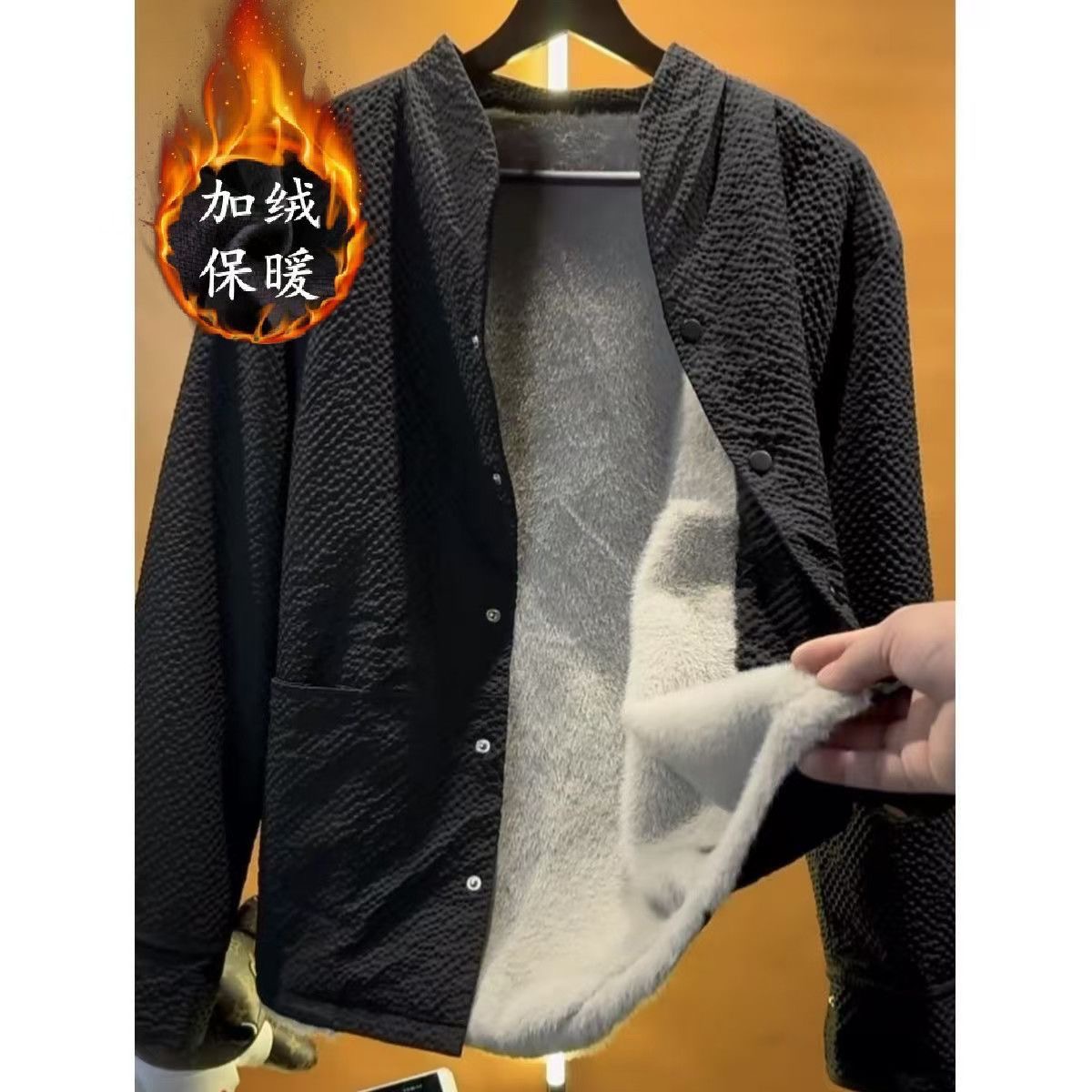 冬季时尚男士座山雕泡泡纱加绒保暖夹克百搭休闲老钱风防寒外套