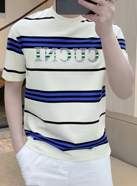 欧洲站夏季百搭男士圆领t恤高品质印花字母条纹半袖T打底衫上衣潮