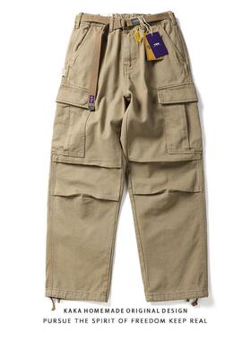 日式复古潮牌加绒定番厚实加绒复古平纹做旧洗水凤琴口袋工装裤