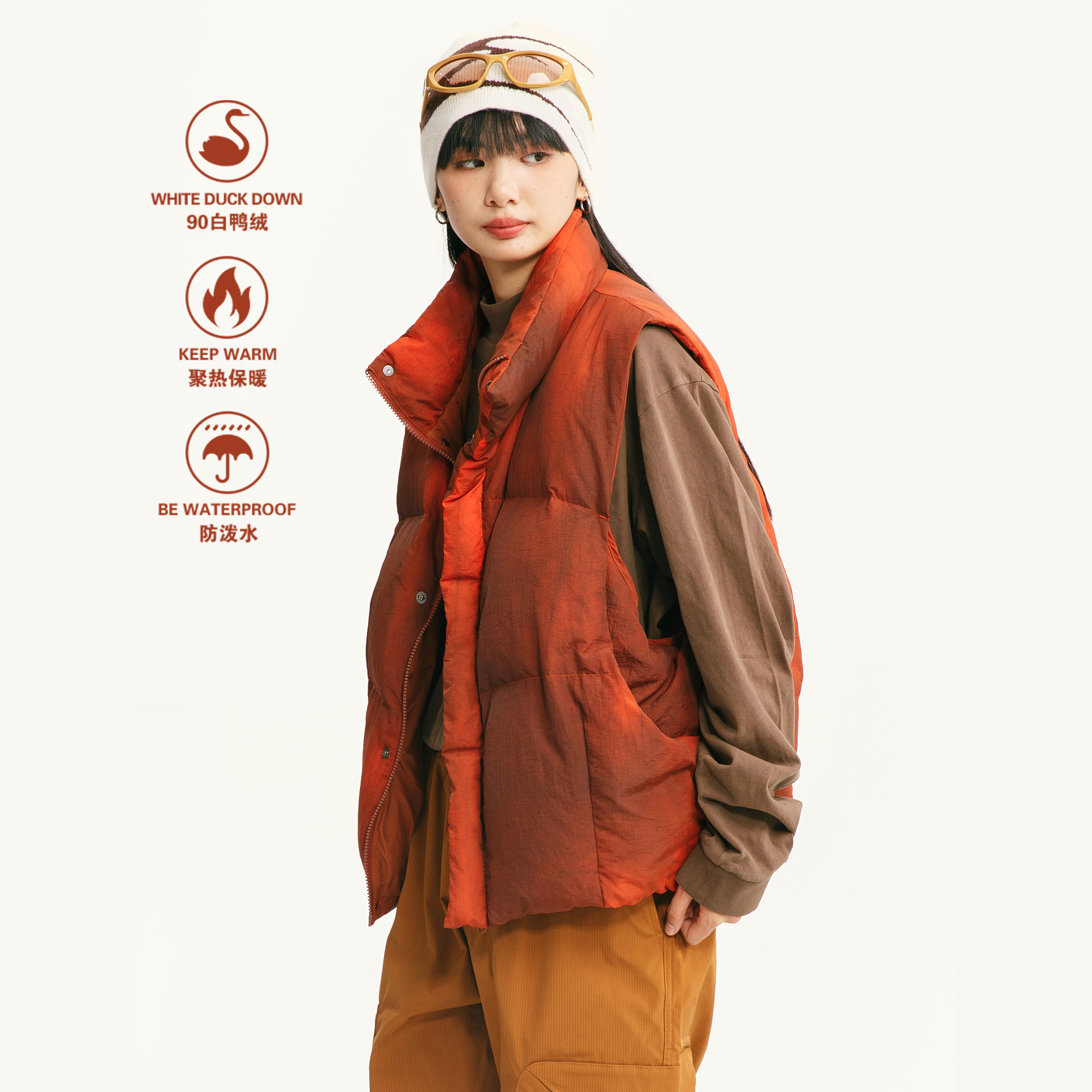 日系90白鸭绒立领羽绒服马甲男女款外穿冬季加厚保暖防寒立领外套