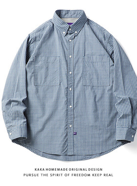 25SS日系复古水洗做旧格子长袖衬衫男春季宽松廓形条纹细格子衬衣