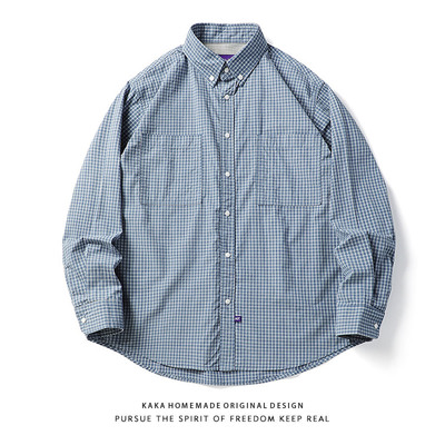 25SS日系复古水洗做旧格子长袖衬衫男春季宽松廓形条纹细格子衬衣