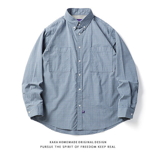 25SS日系复古水洗做旧格子长袖衬衫男春季宽松廓形条纹细格子衬衣