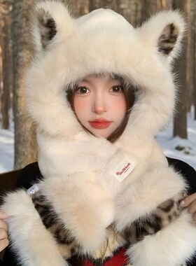 豹纹毛绒耳朵帽围巾两件套