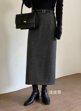 冬黑灰色鱼骨纹呢子直筒长裙长款半身裙后开叉休闲百搭高腰女
