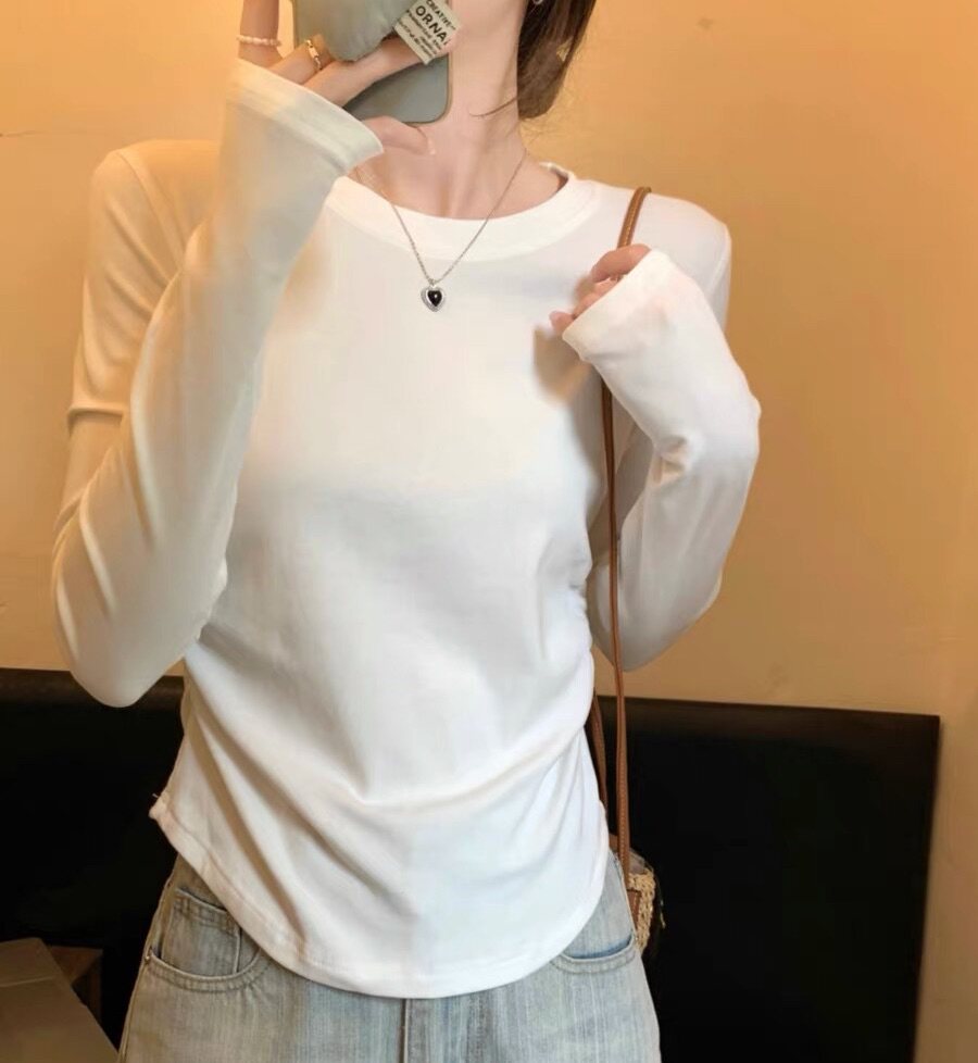 春款打底打底衫女弧形下摆T恤修身内搭收腰褶皱长袖上衣