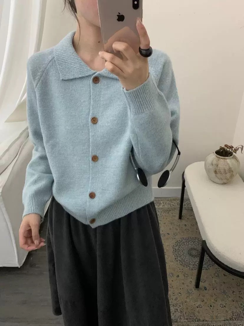 2025新款韩版宽松休闲百搭翻领单排扣针织开衫女羊毛花纱毛衣外套