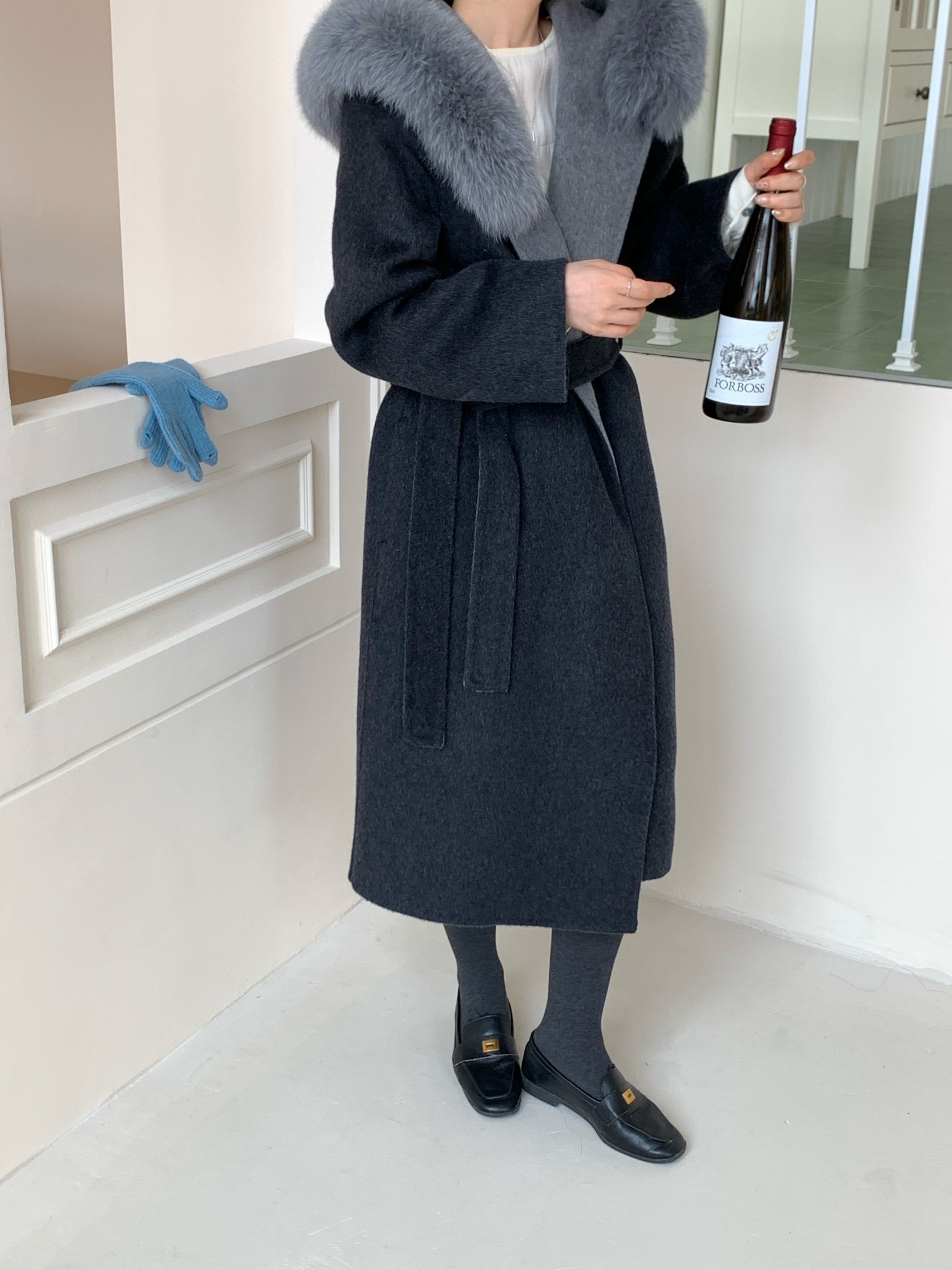 2025新款高端秋冬新款双面尼大衣手工羊毛呢连帽撞色狐狸毛外套