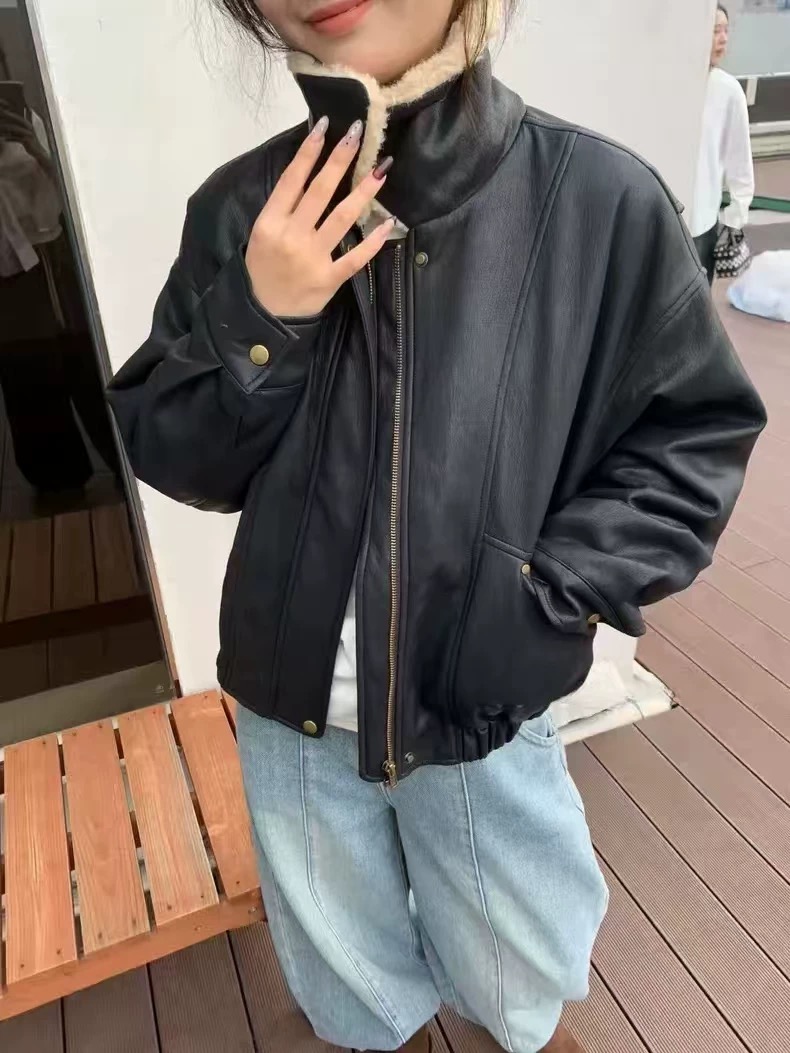 2025新款韩版宽松休闲百搭翻领长袖皮衣外套女机车服羽绒夹克潮