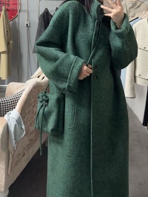 2025新款韩版宽松休闲立领背包长袖双面尼大衣女中长短款毛呢外套