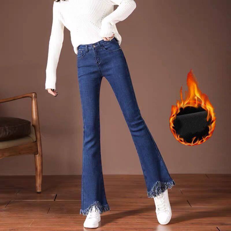 蓝色加绒加厚喇叭裤女小个子高腰